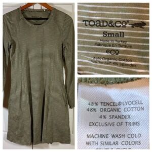 Toad&Co Women's Striped Long Sleeve Casual‎ Organic Dress Small Green Pockets